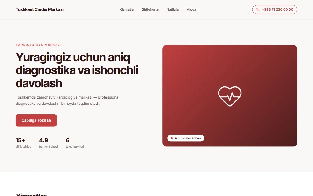 Toshkent Cardio Markazi — demo sayt, kompyuter ko'rinishi