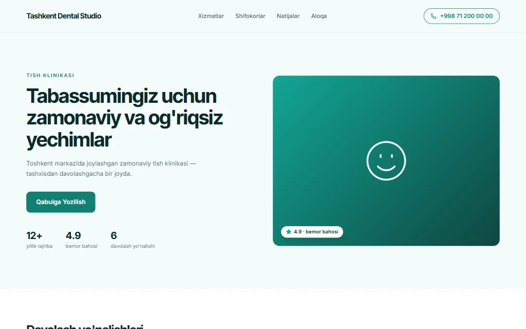 Tashkent Dental Studio — demo sayt, kompyuter ko'rinishi