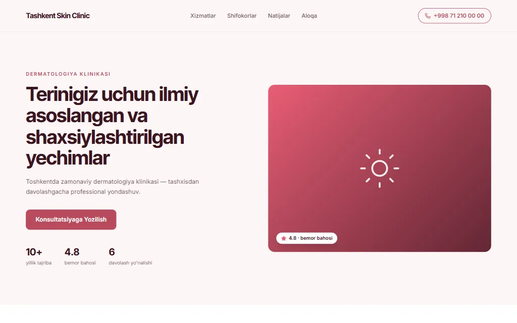 Tashkent Skin Clinic — demo sayt, kompyuter ko'rinishi