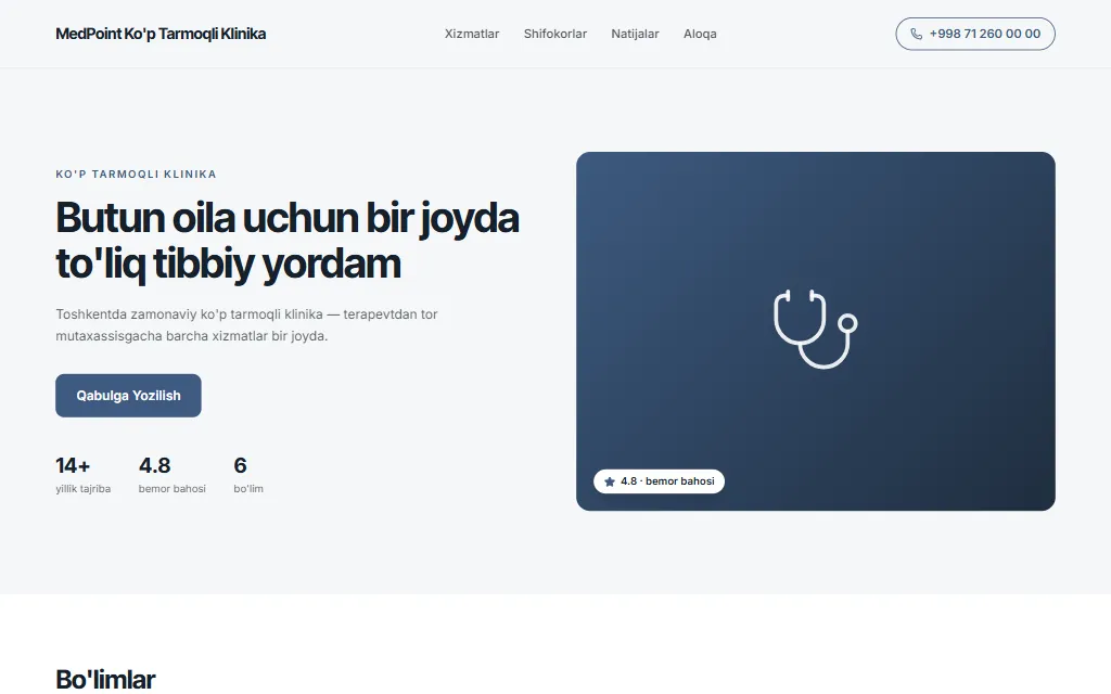 MedPoint Ko'p Tarmoqli Klinika — demo sayt, kompyuter ko'rinishi