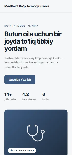 MedPoint Ko'p Tarmoqli Klinika — demo sayt, telefon ko'rinishi