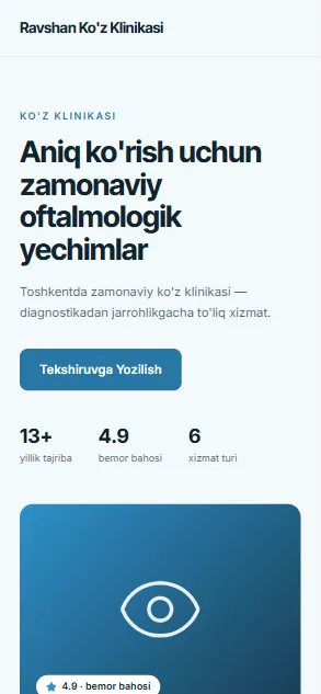 Ravshan Ko'z Klinikasi — demo sayt, telefon ko'rinishi