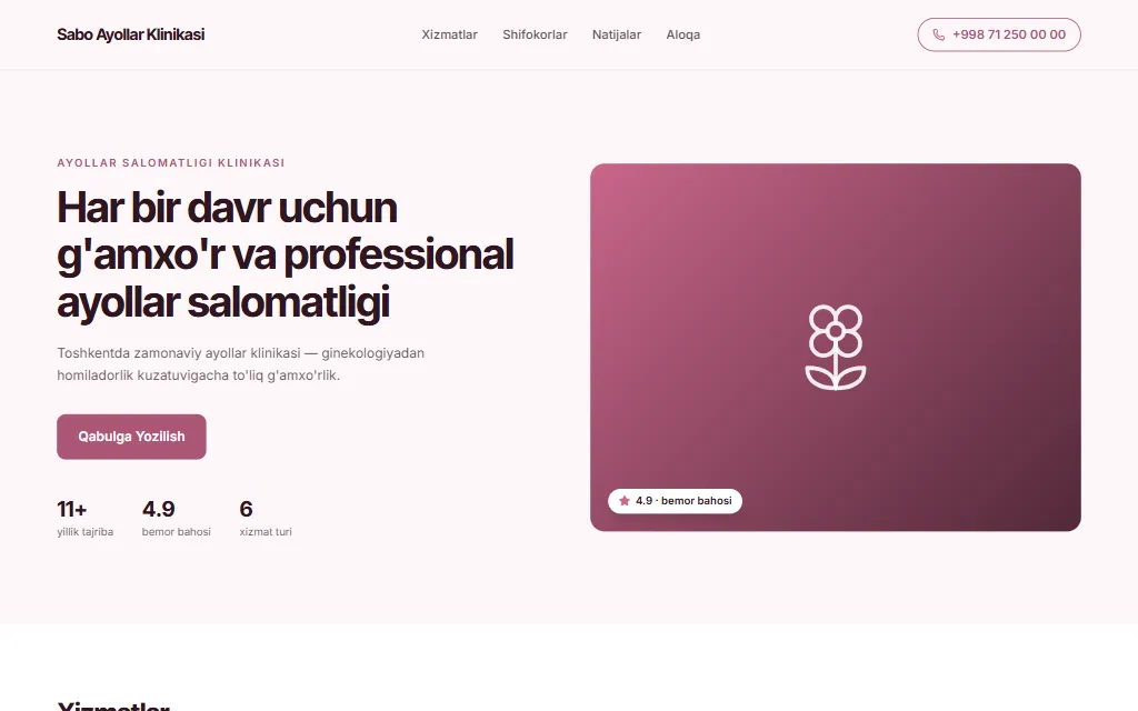 Sabo Ayollar Klinikasi — demo sayt, kompyuter ko'rinishi